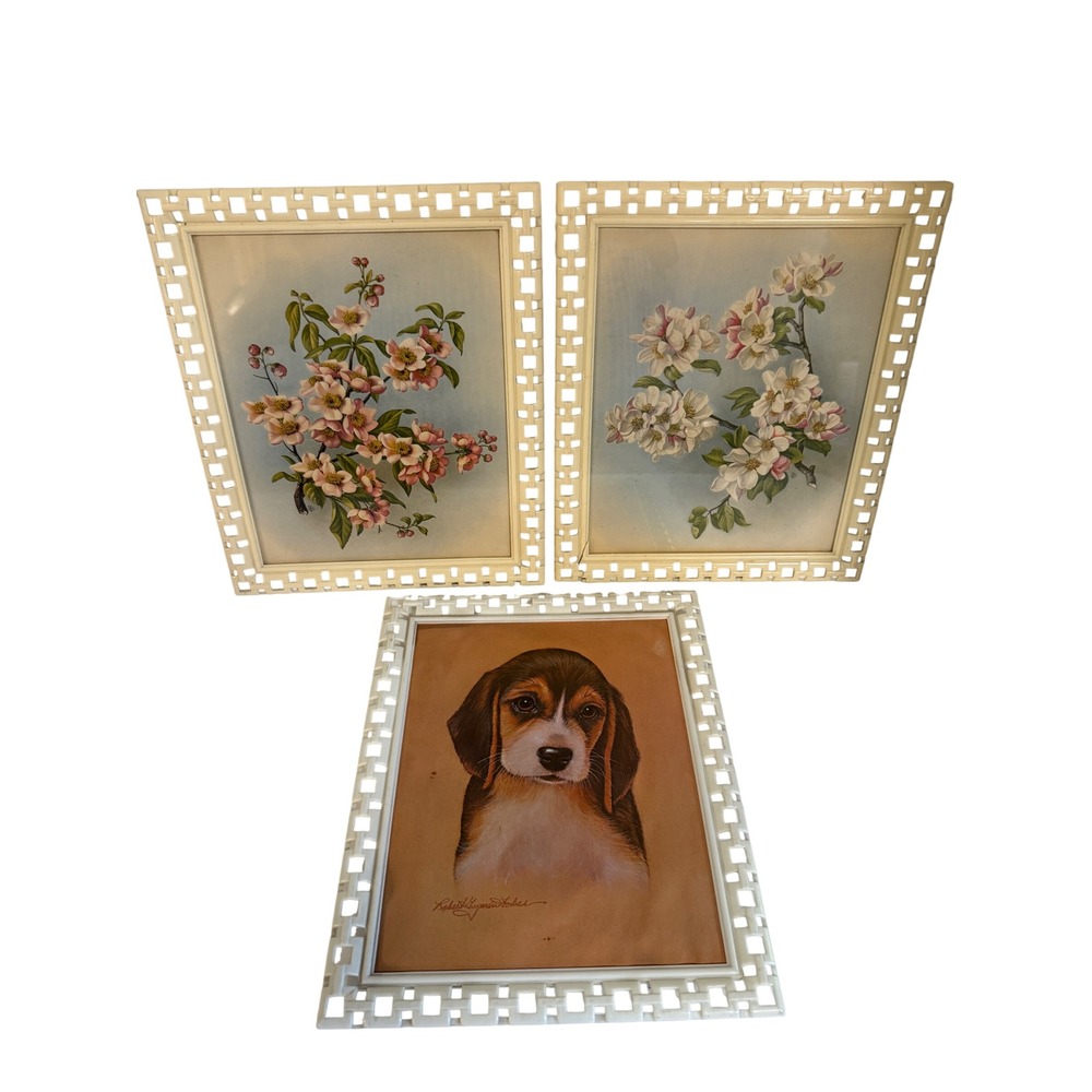 Vintage Ivory MCM Picture Frame Lot Beagle Puppy & Floral Lattice Art Set of 3